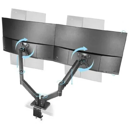 Mars Gaming MARM-PRO2 Soporte de Mesa Dual para 2 Monitores con Brazos de Muelle de Gas, Giratorio e Inclinable 360°, VESA 75/100mm, para Pantallas 13-32" hasta 10kg
